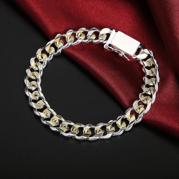 Heavy 2 Tone, 10mm Wide Cuban Miami Link Bracelet ,Stamped 925 Sterling Silver - Picture 6 of 7